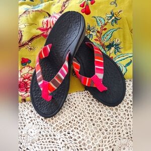 New Clarks Flops, Multicolor Strap w Pink, Orange, Brown, White, 8